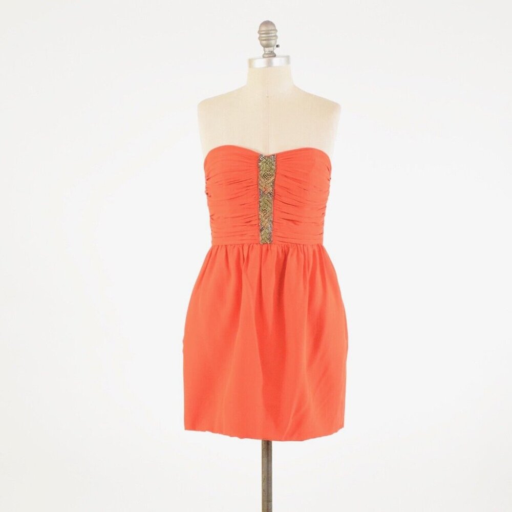 Shoshanna Bright Orange Ruched Silk Beaded Mini Dress